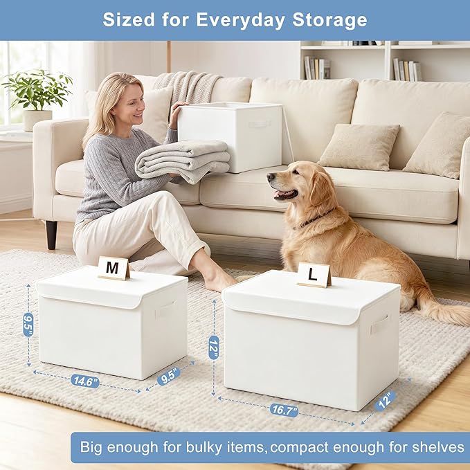 Bagnizer Large 17" 42 Quarts Collapsible Stackable Storage Bins with Lids [3-Pack] Foldable Fabric Linen Storage Boxes Cube, Closet Organizer Baskets with Label (16.7 x 12 x 12, White)
