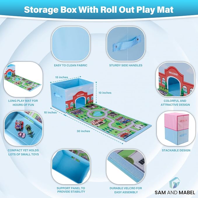 SAM AND MABEL Toy Cars Garage Box – Toy Storage Box with Car Rug Play Mat, Collapsible Storage Organizer for Boys and Girls (GoPlaces)