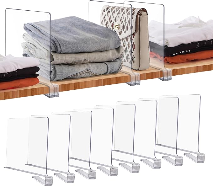 Clear Acrylic Shelf Dividers for Closets Organizer & Storage,8 Pack | Adjustable Vertical Wood Shelf Closet Separators, Keep Clean, for Clothes,Book,Bags, in Bedroom and Kitchen