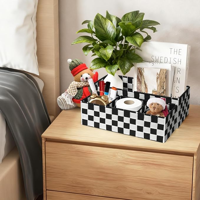 Woven Storage Baskets Bins Container, 16” Checker Pattern Ribbon Metal Wire Desk Organizer, Drawer Dresser Baskets, Countertop Toilet Paper Storage Containers (Black & White),2-Pack