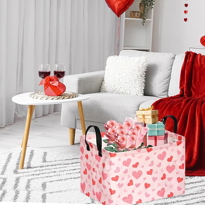 Rectangular Valentines Basket Storage Bin for Shelves Girls Gifts Baskets Foldable Box with Handles for Home Office Car Dormroom Valentine's Day Party Supplies