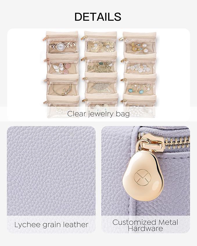 VLANDO Jewelry Travel Case,Travel Jewelry Organizer with Clear Velvet Jewelry Bags 12Pcs Zipper Pouch for Women Earrings Organizers-Purple