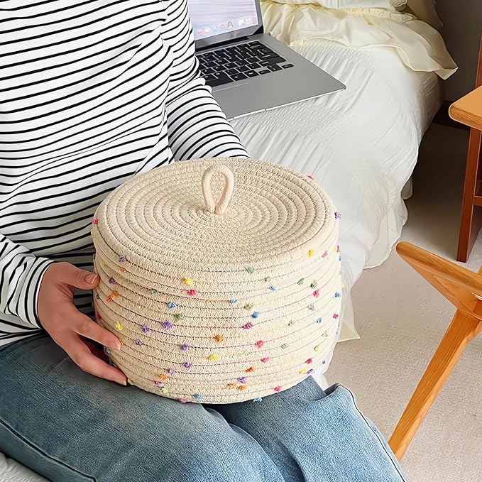 Esme L&H Small Rope Basket with Lid,10x6 Small Round Woven Storage Basket with lid for Organizing, Small Decorative Toy Basket with Colorful Rainbow Pompom, Cute Storage Bin Box for Toys, Gifts…