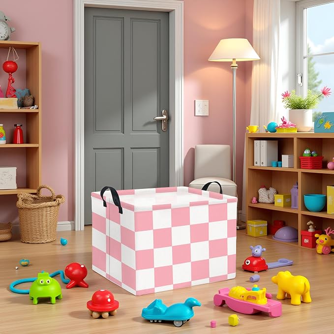 Rectangular Storage Basket for Home Kitchen Girls Cute Storage Bin Organizer Shelf Book Room Decor(Pink Checked)