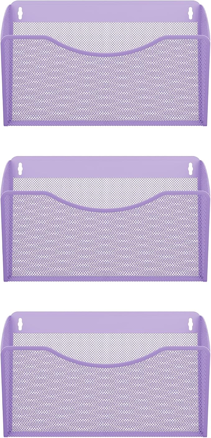 EasyPAG Wall File Organizer, Metal Mesh Hanging File Folder Holder for Letter/A4 Size Folders, Vertical Wall Mount Mail Sorter for Office Paperwork, Classroom, Purple