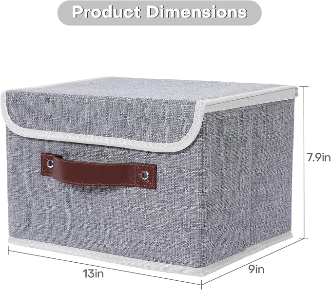 ANMINY Storage Bin with Lid Storage Boxes with PU Leather Handles PP Plastic Board Decorative Foldable Lidded Cotton Linen Fabric Home Cubes Baskets Closet Organizer Container - Gray, Medium