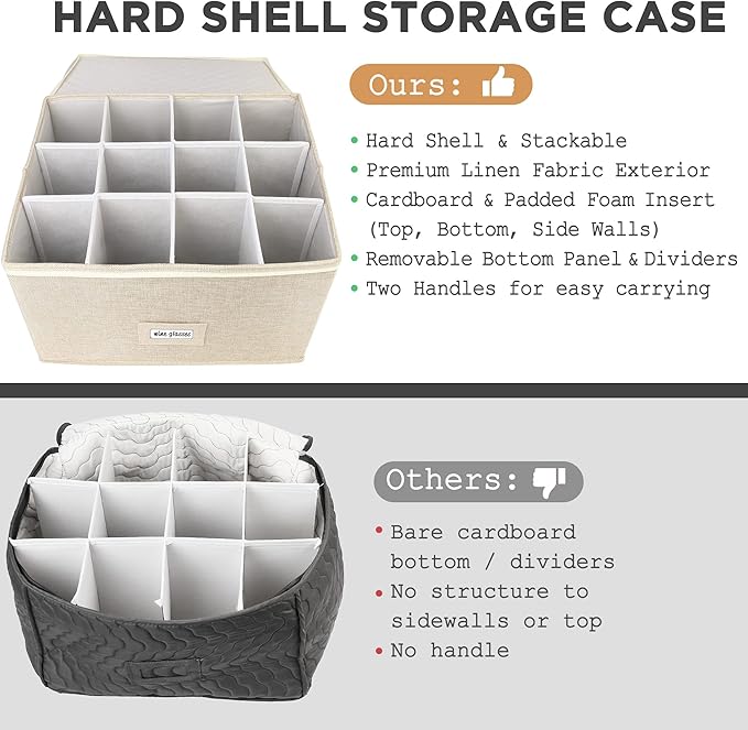 LotFancy Stemware Storage Container for Moving, Hard Shell, Stackable Wine Glass Storage Box with Dividers & Handles, Crystal Glassware, Champagne Flute, Drinkware Case, Beige