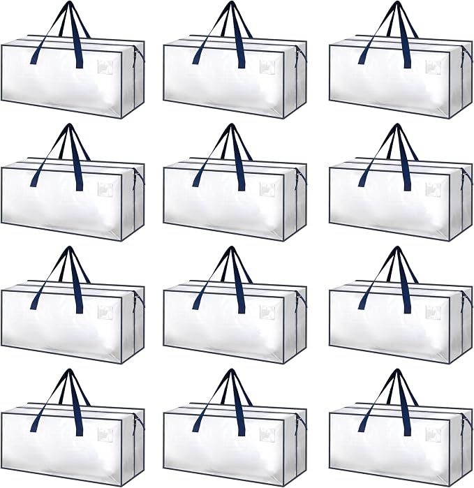 HealSmart 12 Pack Extra Large Moving Bags with Zippers & Carrying Handles, Heavy-Duty Storage Tote Moving Boxes for Dorm Room Essentials Storage Bags, Clear