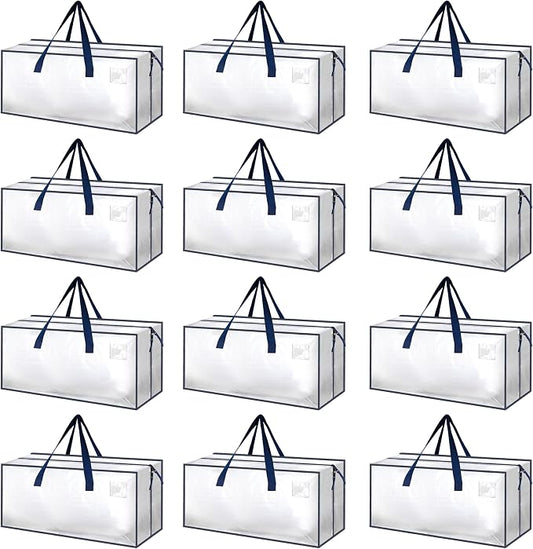 HealSmart 12 Pack Extra Large Moving Bags with Zippers & Carrying Handles, Heavy-Duty Storage Tote Moving Boxes for Dorm Room Essentials Storage Bags, Clear