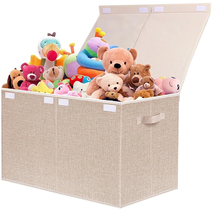 Large Toy Box Chest Storage with Lid - Collapsible Kids Toys Boxes Organizer Bins Baskets with Handles for Boys, Girls, Nursery, Playroom, Clothes, Blanket, Bedroom(Beige)