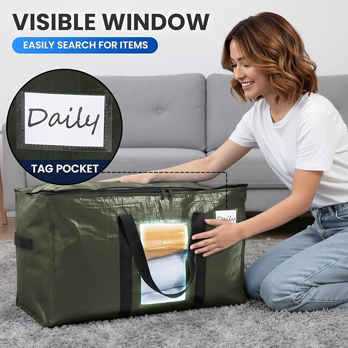TAILI 8 Pack Green Extra Large Storage Bags, Heavy Duty Totes with Visible Window, Wrap Around Handles, Perfect for Moving