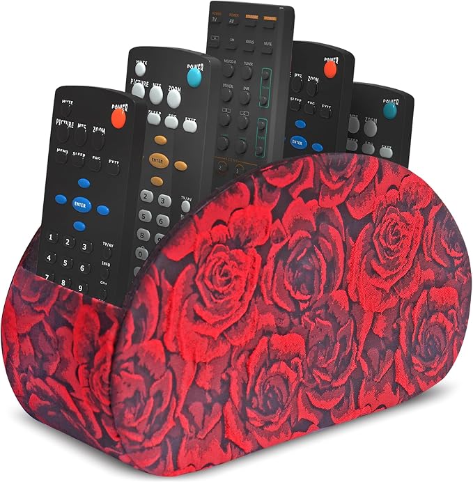 Remote Control Holder, PU Leather Remote Caddy Desktop Organizer with 5 Spacious Compartments for TV Remotes/Media Controllers/Office Supplies (1-3D Rose Red