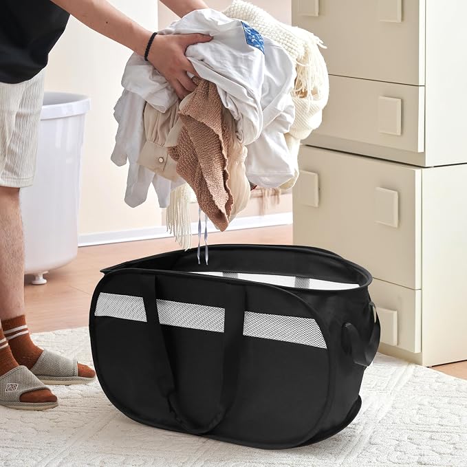 Collapsible Laundry Baskets, Foldable Tear Proof Pop Up Hamper with Reinforced Carry Handles, Durable Laundry Hamper for Home, Laundry, Bathroom, Dorm or Travel (Black)