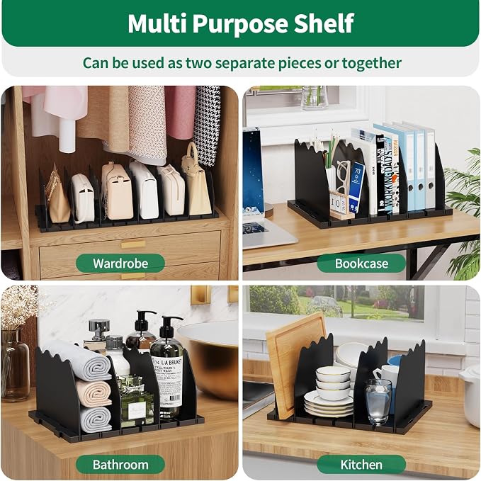 SPACEKEEPER Shelf Divider for Closet, Adjustable Purse Organizers Handbag Separators Storage Organizer Bookshelf Separator Dividers in Bedroom Office Kitchen Bathroom, Black