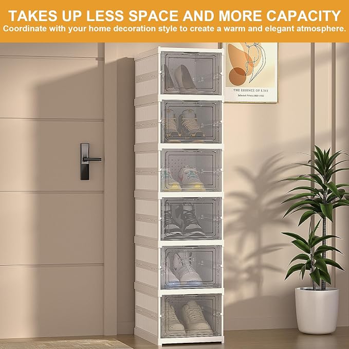 Foldable Shoe Storage Organizer, Stackable Boxes for Closet, Foldable Space-Saving Shoe Rack for Sneaker Boot Container, Acrylic Shoe Cabinet Shoe Box（6 Pack,White