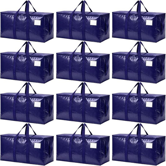 Songrey Heavy Duty Moving Bags, 12 Pack Large Storage Bags with Zipper & Handles, Waterproof Totes Bags for Clothes Packing, Moving, College Supplies, Home Organization