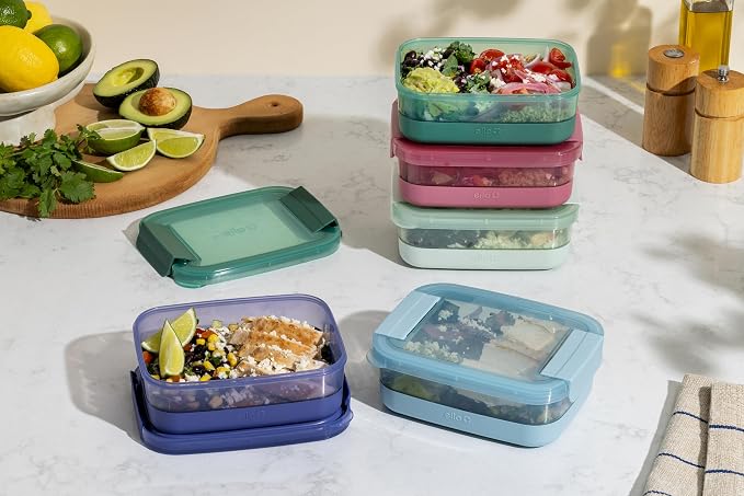 Ello Plastic Meal Prep Set BPA Free Plastic Food Storage Container with Silicone Boot and Airtight Lids, Dishwasher, Microwave, and Freezer Safe.