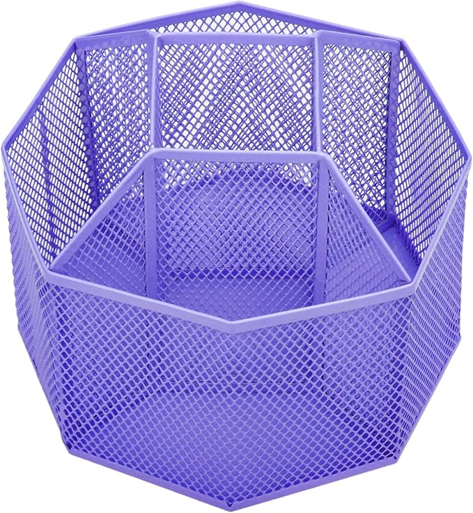 Annova Mesh Desk Organizer Rotate with 5 Compartments Spinning Tidy Candy/Pen Holder Office, Art Supply, Storage, Classroom, Home (Purple)