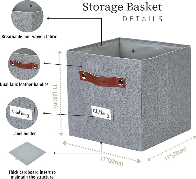 DECOMOMO Storage Bins, Cube Storage Bin with Labels | 10.5" x 11" Fabric Storage Cubes for Shelves (6pcs, Texture Grey)