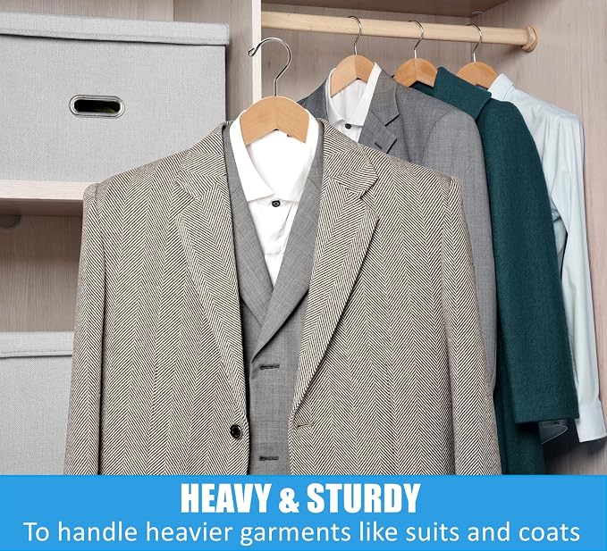 Amber Home 6 Pack Wide Shoulder Wooden Suit Hangers, Natural | Natural Wood Coat Hangers with Non Slip Pants Bar, Clothes Hangers for Jackets, Sweaters, Pants & Heavy Clothes