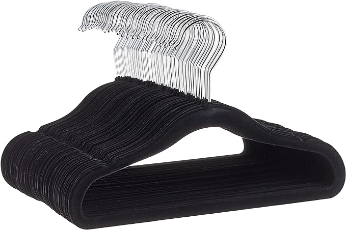 Amazon Basics Kids Space Saving Velvet Non-Slip Clothes Hangers with Shoulder Notches for Infant and Toddler, 11.6", Black, 50-Pack