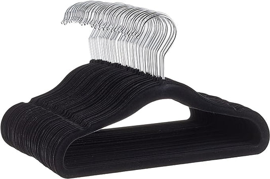 Amazon Basics Kids Space Saving Velvet Non-Slip Clothes Hangers with Shoulder Notches for Infant and Toddler, 11.6", Black, 50-Pack