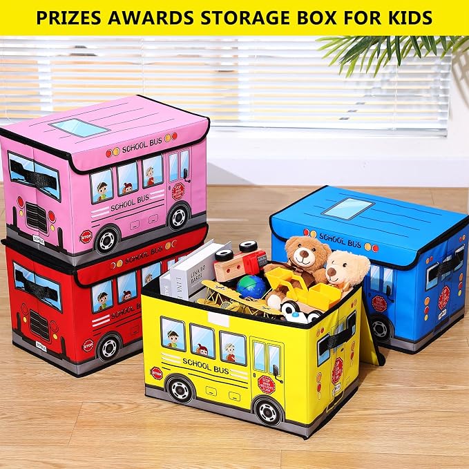 Sweetude 4 Pcs Prize Box for Classroom, School Bus Treasure Box Foldable Chest Storage Box Kids Toy Chest with Lid Treasure Storage Organizer Bin for Teachers Students Awards (Yellow, Pink, Red, Blue)
