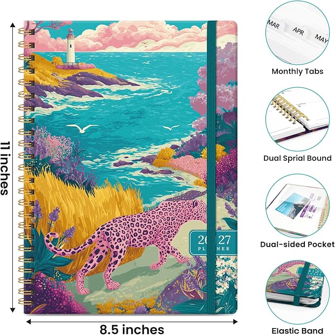 Planner 2026-2027, Hardcover Monthly and Weekly Academic Planner July 2026 - June 2027, Teacher and Student Calendar Agenda Book with Tabs, A5 (6.3" x 8.5"), Ideal for School and Office, Floral Planner, Coral Horizon