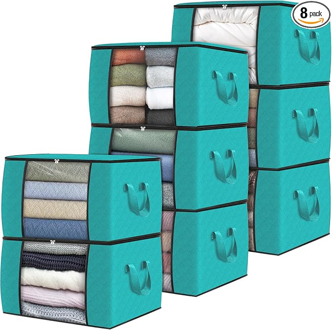 Fab totes Storage Bags,Clothes Blanket Storage Bins Foldable Closet Organizers with Reinforced Handle for Home Dorm Storage and Organization,Fabric Bags for Organizing Sheets,Clothing (Green,8 Pack)