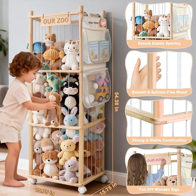 Large Stuffed Animal Storage, Wood Stuffed Animal Zoo with Brake Wheels and Hanging Storage Net, Space Save Toy Organizer, Large Capacity Stuffed Animal Holder, Perfect for Nursery Playroom Kidroom