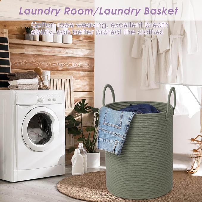 Large Laundry Basket,Laundry Hamper,15''x18'' Cotton Rope Storage Basket with Handles,baby hamper,Nursery Blanket Storage Living Room,toy basket,kids laundry(Green)