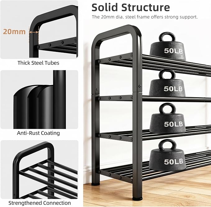 STORAGE MANIAC 4-Tier Expandable Shoe Rack, 16 Pairs Adjustable Shoe Shelf for Closet, Entryway, Hallway, Garage, Dorm, Heavy-duty Metal Shoe Organizer for Small Space, Black