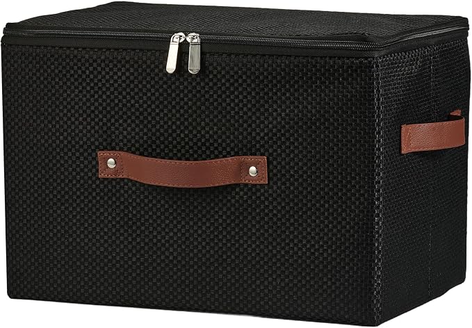 Storage Bins with Lid Fabric Storage Box Basket PU Leather Handle Textured Woven Cotton Linen Decorative Foldable Washable Shelf Closet Organizer Container (Zipper Lid, Black, Large)