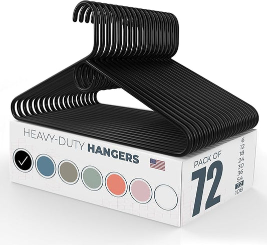 Heavy Duty Clothes Hangers 50+ Pack (72 Count) – Made in the USA – 8lb Capacity Plastic Hangers for Adult Clothing – Durable for Pants, Coats, Jackets, or Jeans – Black
