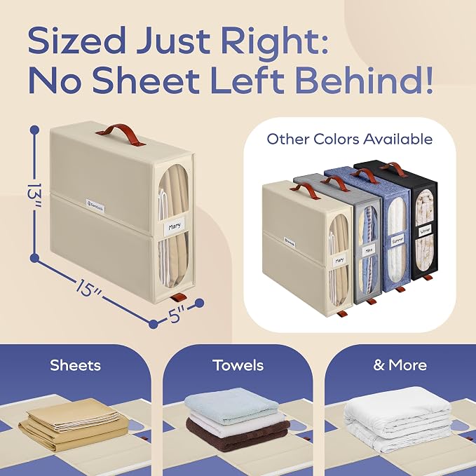 4x Bed Sheet Organizer Storage Boxes with Big See-Through Windows - Bedsheet Organizers Redesigned. Robust Bed Sheet Storage -15x13x5 in. Sheet Organizers Containers (Off-White)