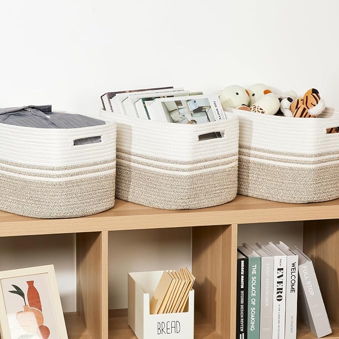 Temary Woven Storage Baskets, Set of 3 Rope Baskets for Storage Clothes, Towels, Versatile Boho Storage Bins (White&Brown, 13"x9.8"x8.5")