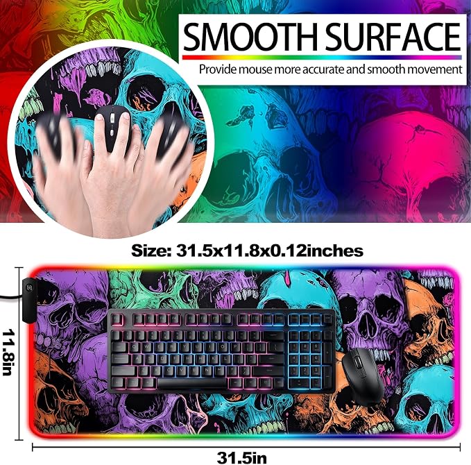 RGB Scary Skull Gaming Desk Mat, Computer Keyboard Large Extended Cool Multi-Color Skull LED Mouse Pad for Office and Home, 31.5×11.8 Inches, XL