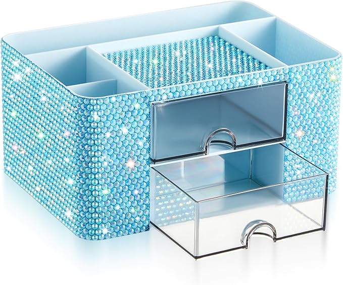 MotiMind Blue Bling Desk Organizer with 2 Drawer, Sparkly Makeup Organizer for Vanity, Girly Desk Accessories, Rhinestone Pen Holder, Elevate Your Workspace with Blue Serenity (Diamond)