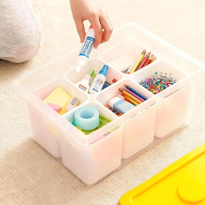 Plastic Storage Bins with Lids, Art Craft Supply Organizer Box with Brush Pot, Multipurpose Stackable Storage Containers for Organizing Tool, Craft, Crayon,Sewing(Yellow)