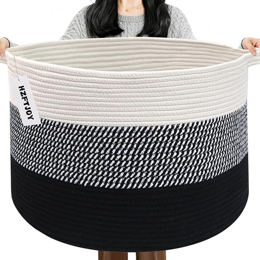 115L Extra Large Blanket Basket,Woven Rope Laundry Basket Hamper with Handles, Decorative Nursery Basket Storage Bin for Toys, Clothes Organizer, Living Room, Bedroom, Bathroom, Black