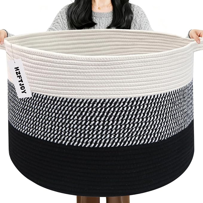 65L Large Blanket Basket,Woven Rope Laundry Basket Hamper with Handles,Decorative Nursery Basket Storage Bin for Toys, Pillows, Clothes Organizer, Living Room, Bedroom, Bathroom, Black