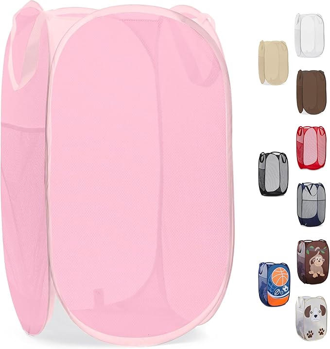 Handy Laundry Collapsible Mesh Pop Up Laundry Hamper with Side Pocket, Breathable & Space-Saving Foldable Basket for Clothes, Toys, Travel, Storage, 14 x 13 x 24 in, Pink