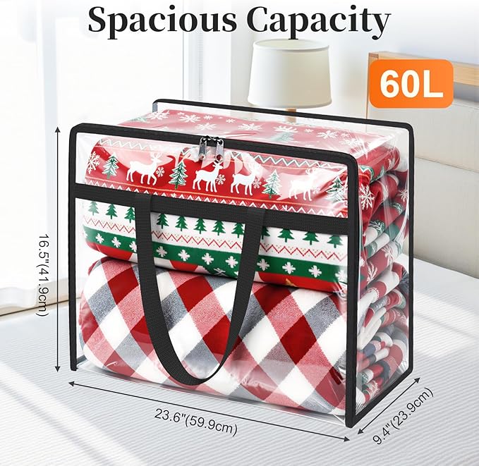 SpaceTrove Clear Clothes Storage Bags, 4 Pack Closet Organizers and Under Bed Storage Containers, Foldable Moving Bags with Zippers for Comforter, Blanket, Bedding, Duvet, PVC Packing Bags 60L