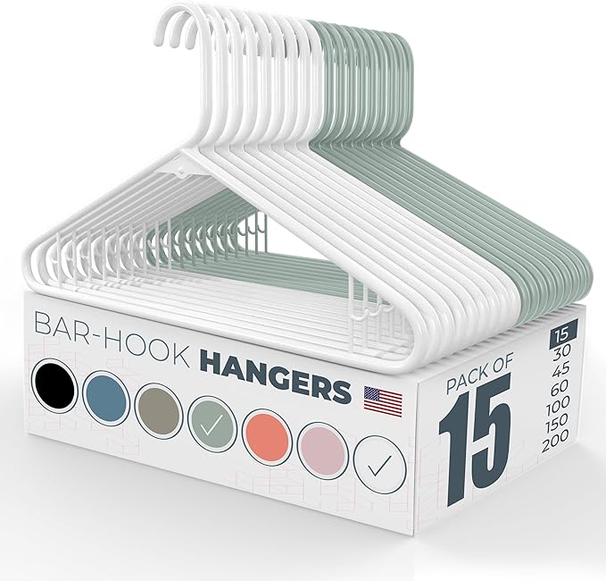 Plastic Hangers 15 Pack - Made in the USA - 6lb Capacity Standard Clothes Hangers with Strap Hooks for Dresses, Lingerie, Shirts, Pants, and Jackets - White & Mint