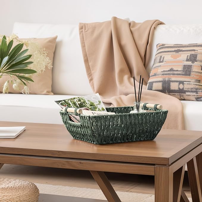 StorageWorks Large Wicker Storage Basket for Organizing with Wooden Handles, Toilet Paper Baskets for Shelf, Sage Green, 2-Pack