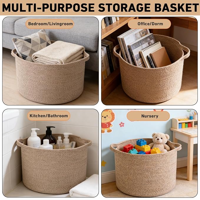 115L Large Blanket Basket,23.6" L x 23.6" W x 15.7" H Rope Woven Baskets with Handles, Toys Storage Bins,Laundry Basket Perfect for Living Room, Nursery,Bedroom,Home Organization,Brown