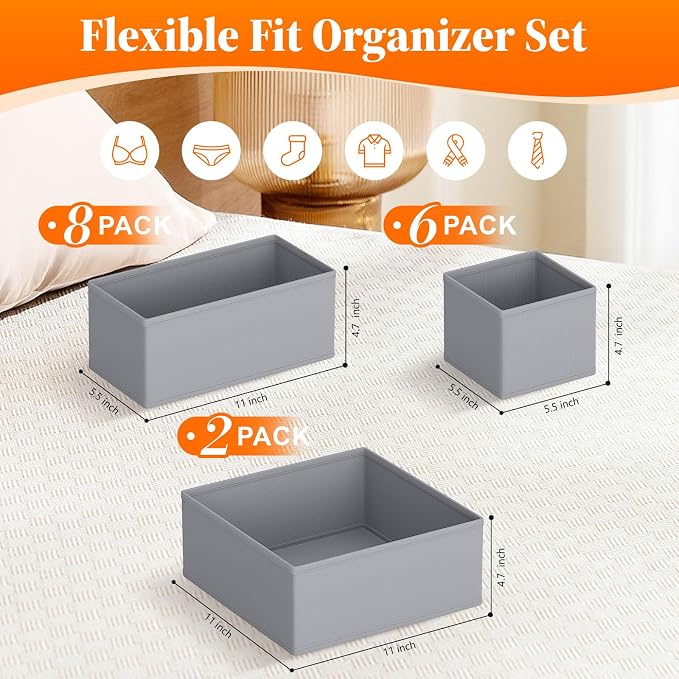 TasticTotes Drawer Organizer Clothes, 16 Pack Drawer Organizers and Underwear Organizer for Nursery, Dividers Clothes Organizer, Closet Organization and Foldable Storage Bins for Socks, Bra, Tie, Grey