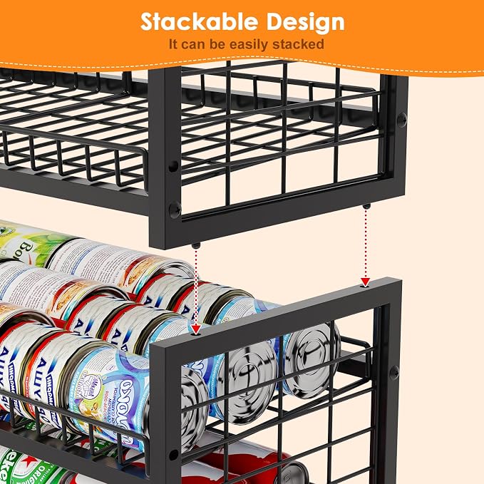 JKsmart 2-Tier Stackable Can Organizer, Extra-Long Can Holders for Pantry Storage, Adjustable Can Dispenser Holds Up to 64 Cans, 12mm Metal Frame, Super Sturdy Racks for Various Canned Food Soda