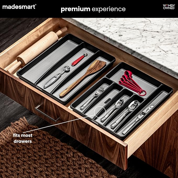 madesmart Classic 5 Compartment Silverware Tray with Soft Grip, Carbon | Standard drawer fit, nonslip feet, forks, knives, spoons, cutlery, flatware, branded icons