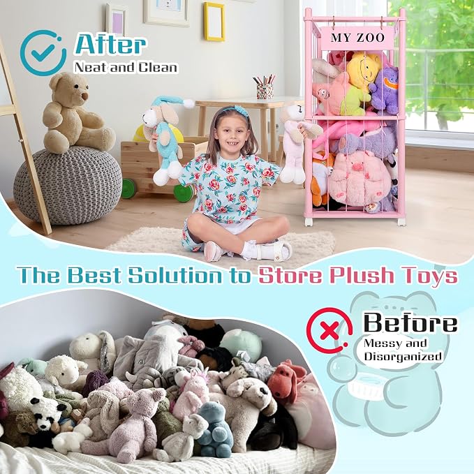 GLDZI Stuffed Animal Storage Zoo with Wheels, Wooden Stuffed Animal Organizer with Elastic Cords, Space Saving Toy Plushies Storage Holder for Playroom, Bedroom, Living Room(Pink, Small)